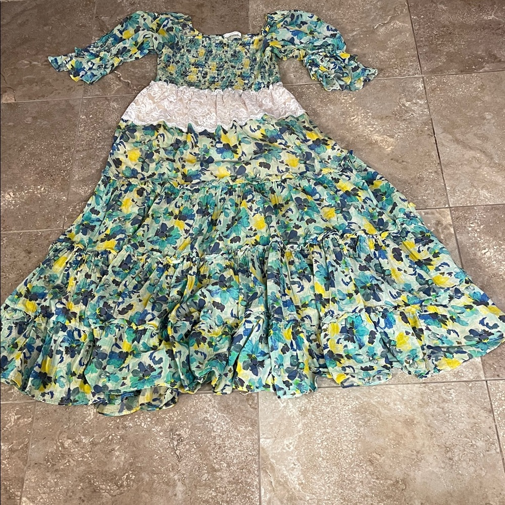 LoveShackFancy Floral Dress in Blue and Yellow